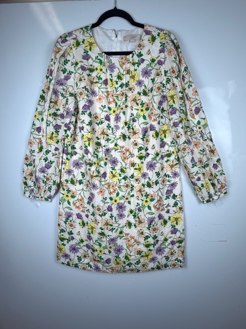 LOFT Sz 8 Cream Tropical Floral Long-Sleeve Swing Linen‎ Blend Shirt Dress